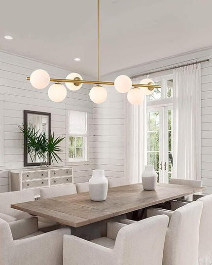 7 Lights Modern Sputnik Chandelier Globe White Glass Shade Brass Linear Mid Century Farmhouse Pendant Light Fixture for Kitchen Island Bedroom Dining Lighting (Gold)