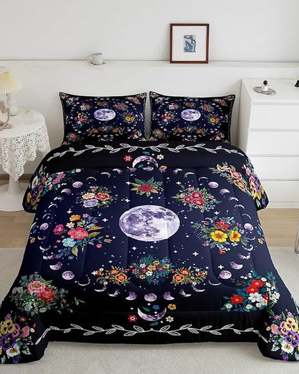 Sun and Moon Kids Comforter Set Queen Size,Starry Sky Galaxy Trippy Bedding Set,Boys Girls Adults Room Decor,Flowers Boho Exotic Retro Down Comforter,Colorful Mystical Duvet Insert,2 Pillowcases