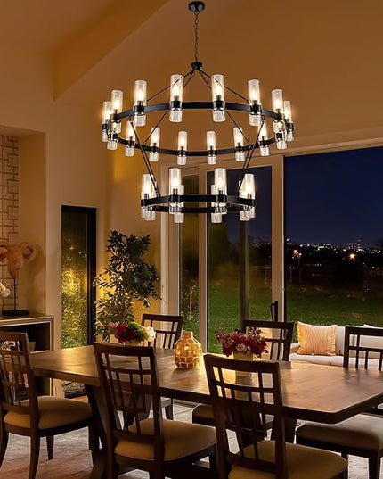 48" Modern High Ceiling Chandelier, 2 Tier Wagon Wheel Chandelier with Glass Shade, 24-Lights Large Round Modern Farmhouse Pendant Lighting Fixture for Dining Room, Living Room,Kitchen, Foyer