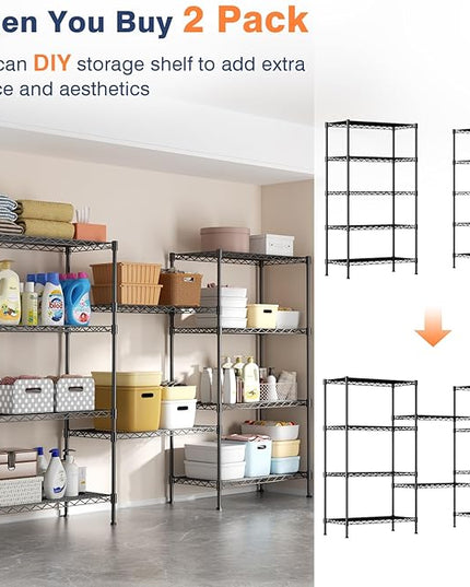 5-Tier Heavy Duty Wire Shelving Unit,35" Wx18 Dx71 H,Wire Shelf Racks with Wheels,Height Adjustable Storage Metal Shelves for Kitchen,Garage,Office,Living Room,Pantry,Black