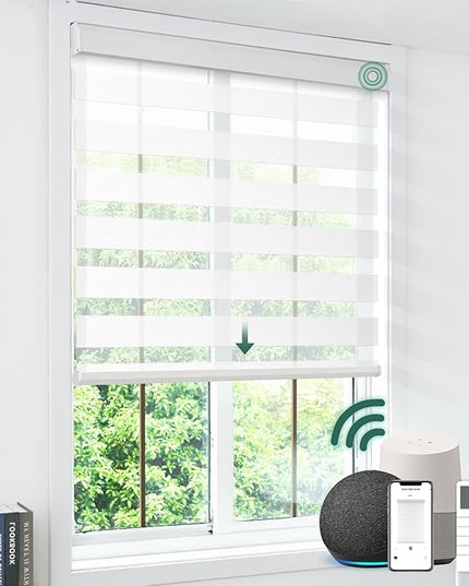 Cordless Motorized Zebra Blinds for Windows with Remote, Custom Dual Layer Smart Semi Sheer Zebra Shades Work with Alexa Google, Automatic Electric Light Filtering Zebra Roller Shades, White