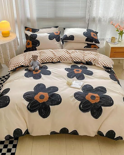 Houseri Black Sunflower Comforter Set California King 3D Foral Beige White and Black Brown Bedding Soft Comfy Comforter Cal King Size Women Modern Kawaii Flowers Plaid Dorm Bed Quilts California King