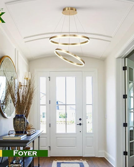 2-Rings Modern LED Chandelier Gold for Dining Room, Circular Flush Mount Ceiling Chandelier Light Dimmable Pendant Light with Remote Control for Living Room Entrance Foyer, 3000K-6500K