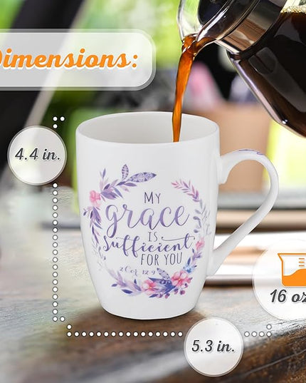 Christian Art Gifts Encouraging Ceramic Coffee & Tea Scripture Mug for Women: My Grace Is Sufficient Inspirational Bible Verse, Microwave/Dishwasher Safe, Cute Drinkware, White & Purple Floral, 12 oz.