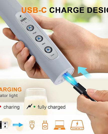 YUSWKO Handheld Milk Frother for Coffee, Rechargeable Drink Mixer with 3 Heads 3 Speeds Electric Whisk Coffee Frother For Latte, Cappuccino, Hot Chocolate, Egg - Cement Gray