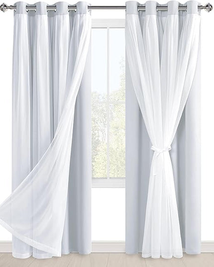 Hiasan Greyish White Blackout Curtains with Sheer Overlay, Grommet Thermal Insulated Mix & Match Double Layer Window Curtains for Bedroom, Living Room, 2 Drape Panels Sewn with Tiebacks, 52W X 84L
