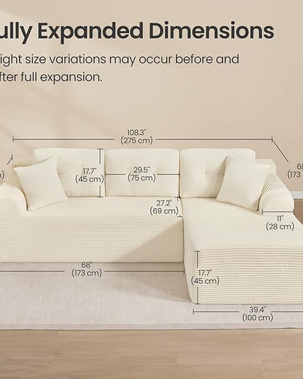 VASAGLE 108.3 Inches Boneless Couch with Chaise, Modular Sectional Sofa, Modern Cloud Couch with Deep Seat, L-Shape Corduroy Sofa for Living Room, Right-Facing Chaise, Bedroom, Cream White ULCS182WD01