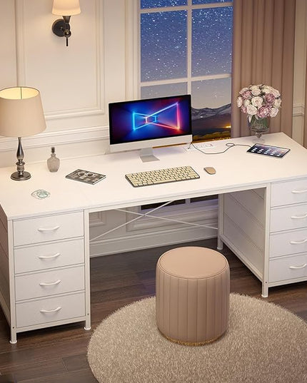 60 Inch Computer Desk with 8 Drawers, Home Office Desk with Power Outlets, Work Study Gaming Desk with 8 Fabric Drawers