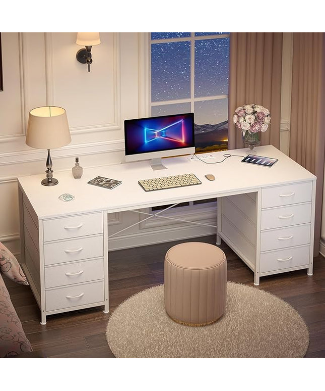 60 Inch Computer Desk with 8 Drawers, Home Office Desk with Power Outlets, Work Study Gaming Desk with 8 Fabric Drawers