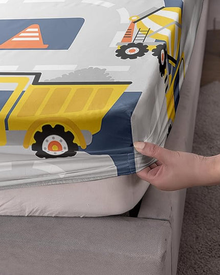 AILONEN Excavators Fitted Sheet Full Size, Cartoon Construction Vehicles Car Truck Bedding Set for Boys Kids Teens,Equipment Trucks Bed Sheet Set,3 Pieces,(1 Fitted Sheet + 2 Pillow Cases)