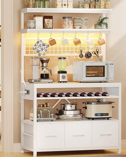 Itaar Bakers Rack with Storage and Power Outlet, 35.4 inch Microwave Stand with Fabric Drawers, Kitchen Coffee Bar Cabinet with Hutch, LED Lights, Wine Rack and Hooks, White