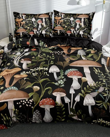 King Size Tropical Floral Mushroom Pattern Duvet Cover Set – Dark Brown Botanical Bedding for Boys & Girls, Natural & Romantic Feel
