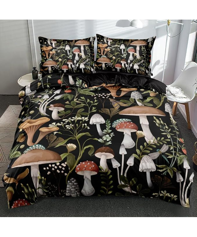 Twin Size Mushroom Print Duvet Cover Set – Dark Brown Floral Plants Bedding for Boys & Girls, Natural & Romantic Bedroom Decor