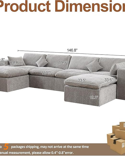 155''Cloud Boneless Sectional Couch, Modular Sectional Sofa Deep Seat with 2 Ottomans, Oversized Upholstered Convertible Comfy 6 Seater Chenille Sofa U Shape Couches for Living Room, Light Grey