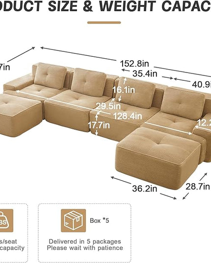 Hommoo Oversized Modular Sectional Sofa, 8 Seat Sleeper Sofa Bed, Comfy Corduroy Couch with Deep Seat, 153”Convertible Boneless Sofa with Ottoman for Living Room No Assembly Required Camel
