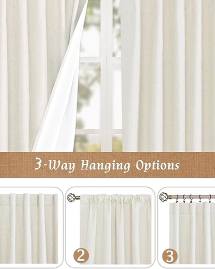 LAMIT Natural 100% Blackout Linen Curtains, 80 Inches Linen Textured Thermal Bedroom Curtains Back Tab and Rod Pocket Neutral Panels with White Liner for Farmhouse, 2 Panels, 52 x 80 Inch, Ivory