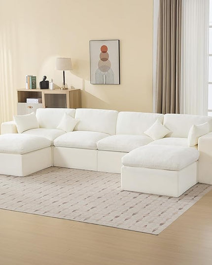 155''Cloud Boneless Sectional Couch, Modular Sectional Sofa Deep Seat with 2 Ottomans, Oversized Upholstered Convertible Comfy 6 Seater Chenille Sofa U Shape Couches for Living Room, Beige
