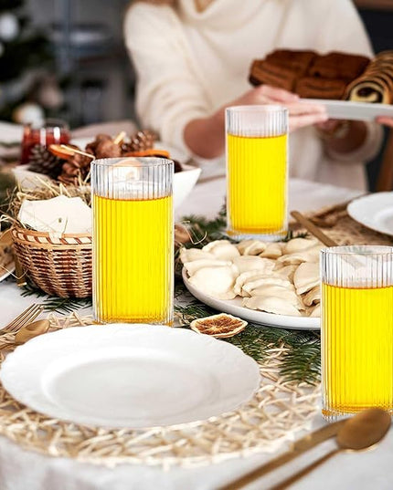 Zhehao 12 Pcs Ribbed Drinking Glasses Set 9 oz 12 oz Glass Cups Vintage Glassware Ribbed Cocktail Cup Clear Ice Coffee Highball Ripple Drinkware for Home Bar Beverages
