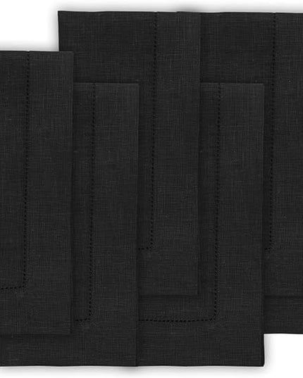 Solino Home Black Linen Napkins Set of 6-100% Pure Linen Hemstitch Dinner Napkins 20 x 20 Inch for Winter, Christmas, Holiday, New Year - Classic Hemstitch