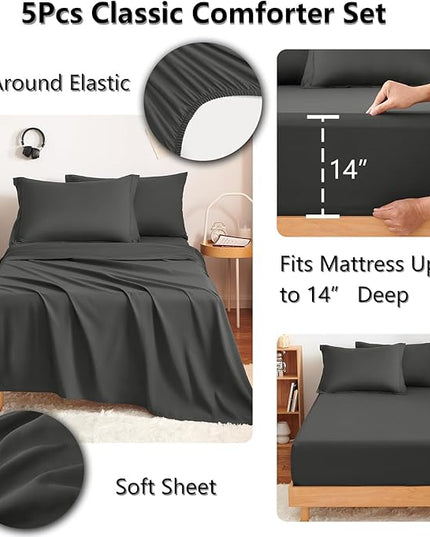 CozyLux Twin Comforter Set with Sheets Dark Grey - 5 Pieces Bed in a Bag Twin, All Season Bed Set for Girls and Boys, Bedding Set with Down Alternative Comforter, Sheets, Pillowcase & Sham