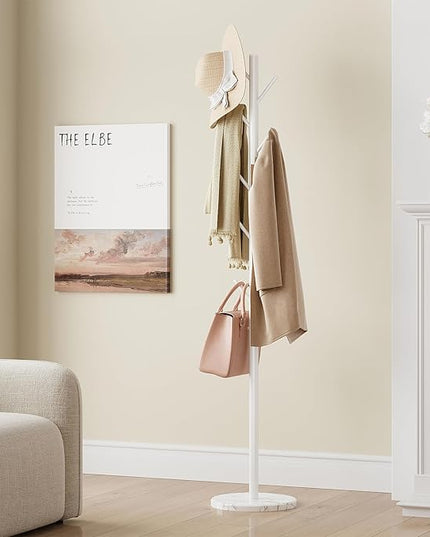 ELYKEN Coat Rack Freestanding with Natural Marble Base, Metal Coat Rack Stand with 10 Hooks, 3 Adjustable Size Coat Tree for Bags, Clothes, and Hats for Entryway, Bedroom, Hallway, Office, White