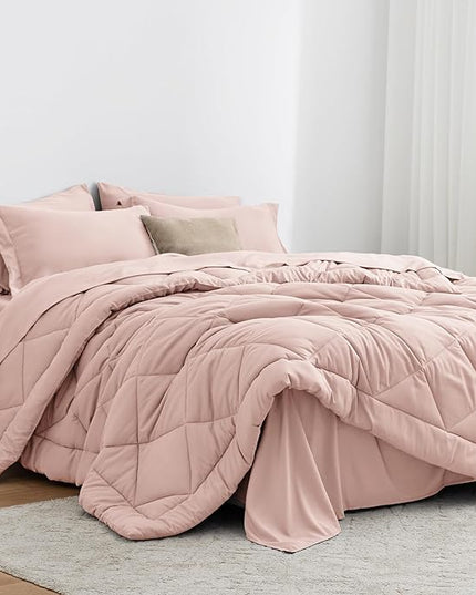 Love's cabin California King Comforter Set Pink, 7 Pieces California King Bed in a Bag, All Season Bedding Sets with 1 Comforter, 1 Flat Sheet, 1 Fitted Sheet, 2 Pillowcase and 2 Pillow Sham