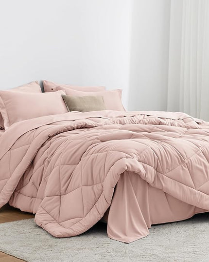 Love's cabin Full Comforter Set Pink, 7 Pieces Full Bed in a Bag, All Season Bedding Sets with 1 Comforter, 1 Flat Sheet, 1 Fitted Sheet, 2 Pillowcase and 2 Pillow Sham