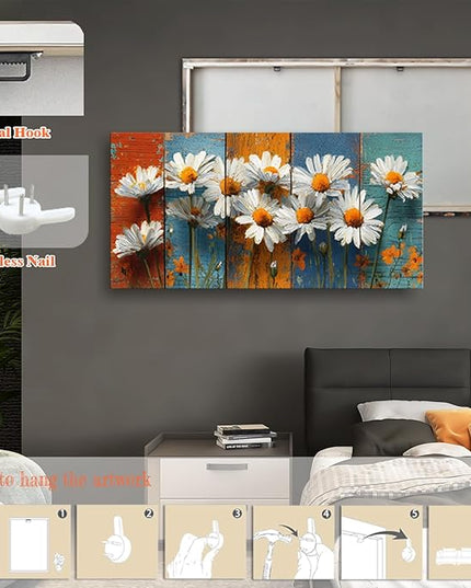 HUADAOART Daisy Flower Canvas Wall Art Rustic Wood Background Contemporary Living Room Decor 40 x 20 inches