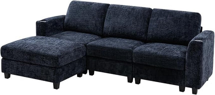 87" Convertible L-Shape Couch with Flexible Ottoman, Soft Sectional Sofa with 2 Built-in Cup Holders, Chenille 3 Seats Sofa with Well-Filled Back Cushions for Living Room, House, Blue