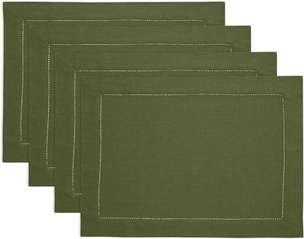 Solino Home Linen Cloth Placemats Set of 4-100% Pure Linen Hemstitch Olive Placemats 14 x 19 Inch - Classic Hemstitch Table Place Mats for Christmas, New Year