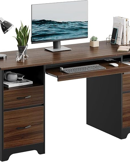Bestier 59” Computer Desk with 4 Drawers, Office Desk with Storage, Industrial Executive Desk with File Drawer, Keyboard Tray & 2 Pedestals for Home Office & Studio, Cherry