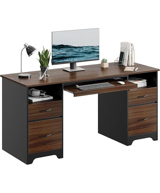 Bestier 59” Computer Desk with 4 Drawers, Office Desk with Storage, Industrial Executive Desk with File Drawer, Keyboard Tray & 2 Pedestals for Home Office & Studio, Cherry