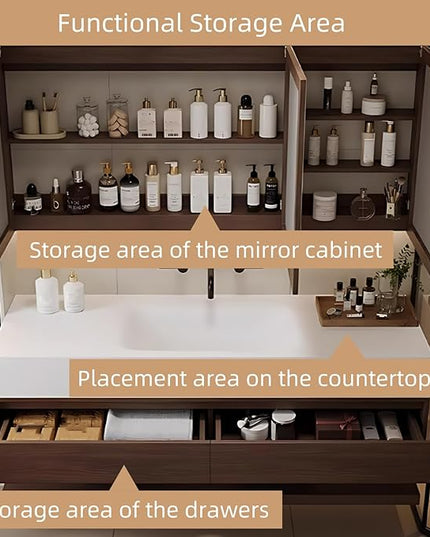 52IN Bathroom Vanity with Sink - Luxury Bathroom Cabinet | Intelligent Mirror Cabinet Including LED Light Strip & Defogging Mirror Cabinet, Large Storage Space, 2 Drawers (Brown)