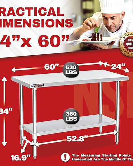 DuraSteel 24x60 Stainless Steel Work Table - NSF Commercial Prep Metal Table - Outdoor Pizza Oven Stand w/Under Shelf - Kitchen Island Laundry Utility Garage Microwave Stand Large Rolling Storage Cart