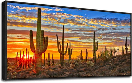 Cactus Plant Scenery Pictures Black Framed Canvas Wall Art For Living Room Large Size Wall Decor For Office Boho Wall Painting Bedroom Decorations Artwork Ready To Hang Black Frame 20" x 40"