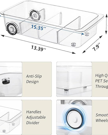 Attelite RollOut Refrigerator Drawer Organizer and Storage Clear Design with Dividers, Fridge Organizer on Wheels, Upgrade Thick Plastic Pantry Storage Bins, Kitchen Organization 2 Set