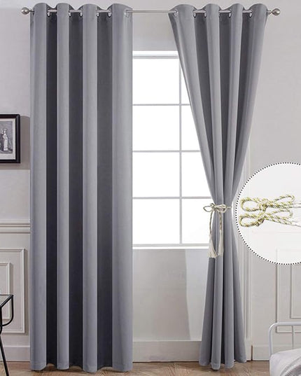 Yakamok 96 Inches Thermal Insulated Gray Blackout Curtains Room Darkening Window Drapes with 8 Grommets,52 Inch Width, Set of 2, 2 Tie Backs Included