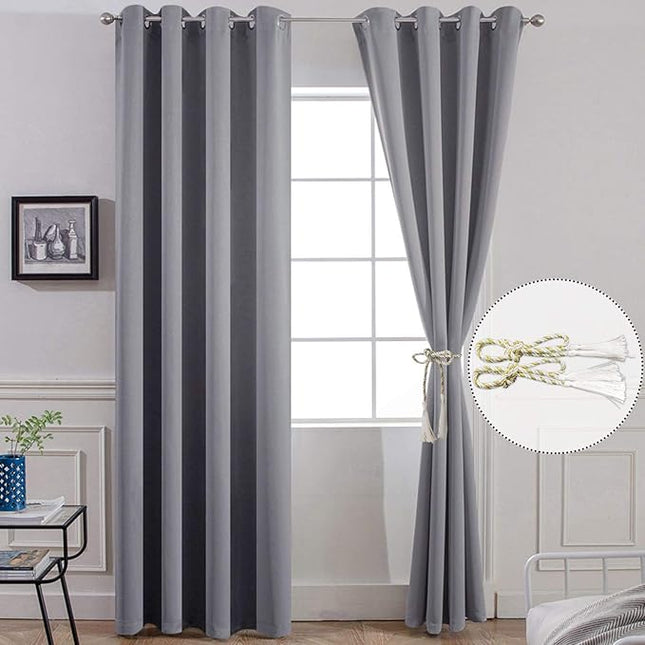 Yakamok 96 Inches Thermal Insulated Gray Blackout Curtains Room Darkening Window Drapes with 8 Grommets,52 Inch Width, Set of 2, 2 Tie Backs Included