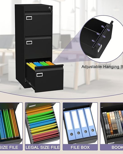 3 Drawer Metal File Cabinet with Lock, Small Locking Filing Cabinets, Vertical File Cabinet with Key, Black Under Desk Filing Cabinets for Home Office