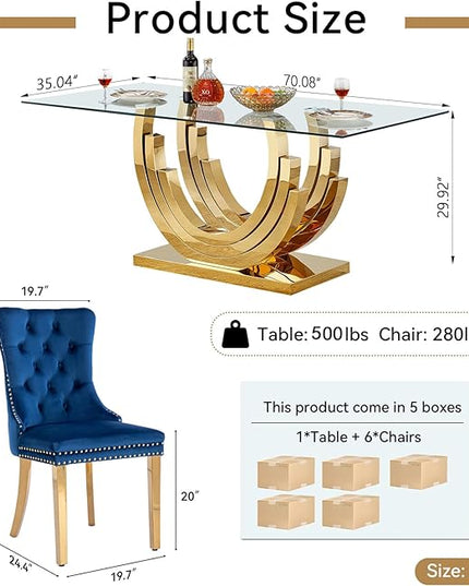 Henf 7-Piece Glass Dining Table Set with 6 Upholstered Dining Chairs, Large Gold Dining Table and Chair Set for 6, Modern Kitchen Table Furniture for Dining Room, Stainless Steel Base and Glass Top