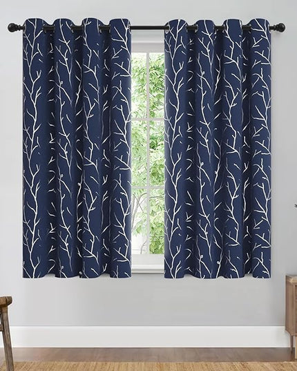 BUHUA Blackout Curtains 2 Panels Set Small Window Grommet Top Window Drapes Room Darkning Short Curtains Shinny Tree Branches Print Pattern 52W x 45L, Navy Blue