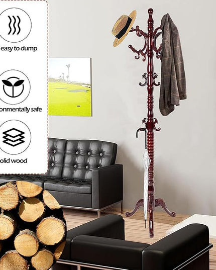 Coat Racks Free Standing with 14 Hooks, Natural Wood Coat Stands for Entryway, Adjustable Height 73 in Tree Coat Rack Stand for Hallway Home Office Bedroom (Mahogany triangle)