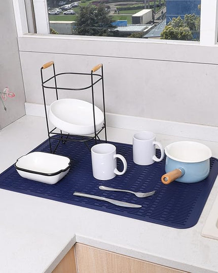 Silicone Dish Drying Mat for Multiple Usage,Easy clean,Eco-friendly,Heat-resistant Silicone Mat for Kitchen Counter or Sink,Refrigerator or Drawer Liner Navy Blue 3XL 28 inches x 18 inches