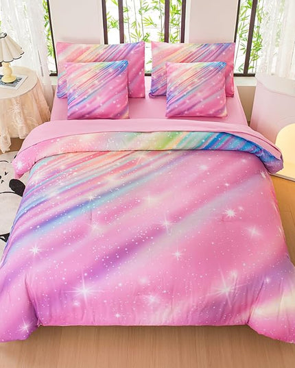 Twin Comforter Set for Girls Galaxy Bedding 7pieces, Ombre Bedding Comforter Sets Rainbow Comforter, Twill Pink