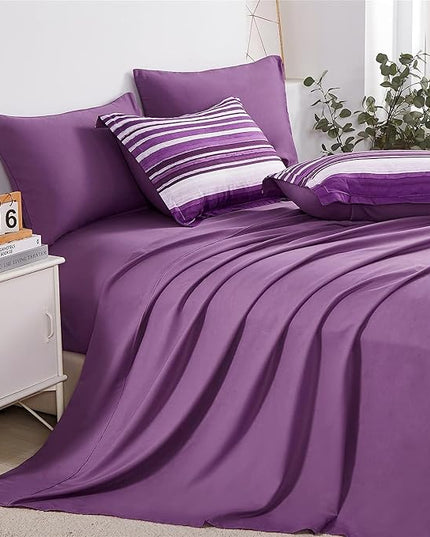 KAKIJUMN 5 Piece Bed in a Bag Stripe Comforter Set Twin Size, White and Purple Patchwork Striped Comforter and Sheet Set, All Season Soft Microfiber Complete Bedding Sets(Purple,Twin)