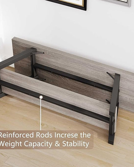 LVB Industrial Entryway Bench, Wood and Metal Storage Bench, Indoor Farmhouse Hallway Accent Entry Bench for Seating Sitting, Shoe Rack Organizer Cabinet in Foyer Bedroom, Light Grey Oak, 47 Inch Long