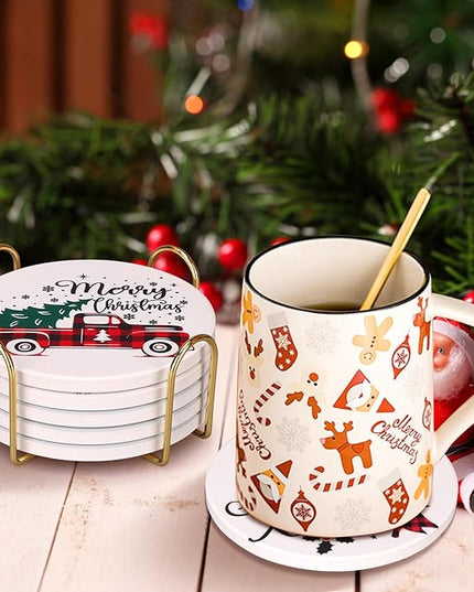 6 Pcs Ceramic Christmas Coasters with Holder Best Absorbent Drink Coasters Set Cute Xmas Holiday Coaster Set Coffee Table Decor Funny Christmas Decoration Housewarming Gift Festive Cup Coasters