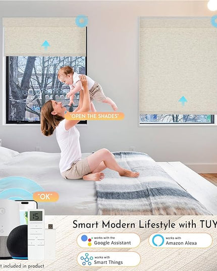 Persilux Smart Motorized Blinds with Remote, No Drill Automatic Roller Shades for Indoor Windows, Blackout Linen Fabric, Electric Blinds for Windows, Nature Cream C153BO-2, Custom Size
