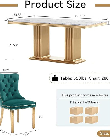 HomVent 68.11'' Faux Marble Dining Table Set for 4, Modern Rectangle Kitchen Table Set with Faux Marble Table Top & Stainless Steel Base