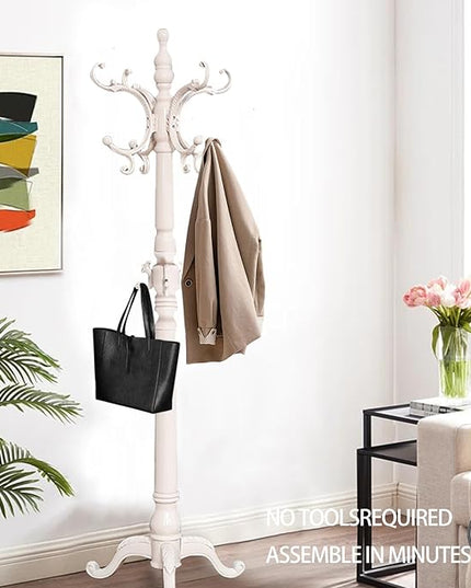 Wooden Coat Racks, Retro 78" Coat Tree with 12 Hooks & Stable Triangular Base, Entryway Coat Rack Freestanding for Hat, Clothes, Scarves, Handbags, Umbrella (Ivory)